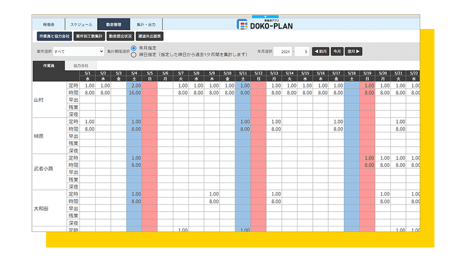 勤怠管理などの自動集計画面