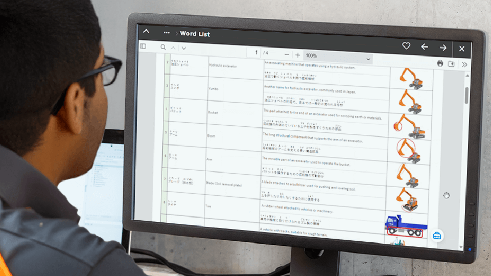 油圧ショベルのイラストを日本語と英語表記で表現している図